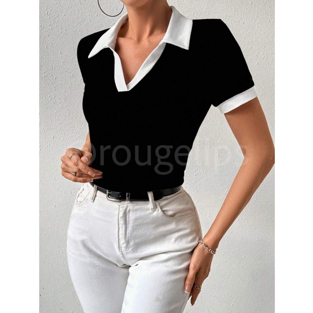 Black V-Neck Short Sleeve Shirt White Trim Collar - Picture 2 of 6